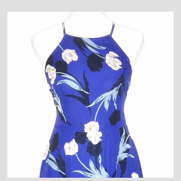 Lulus All I Need Royal Blue Floral Print Lace Up Tie Back Halter Top Maxi Dress - Picture 3 of 5